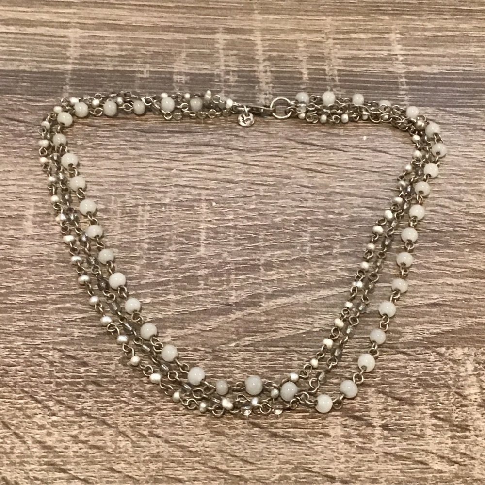 American Eagle Sterling Silver Grey Stone & Pearl Beaded Chain 3 Row Necklace
